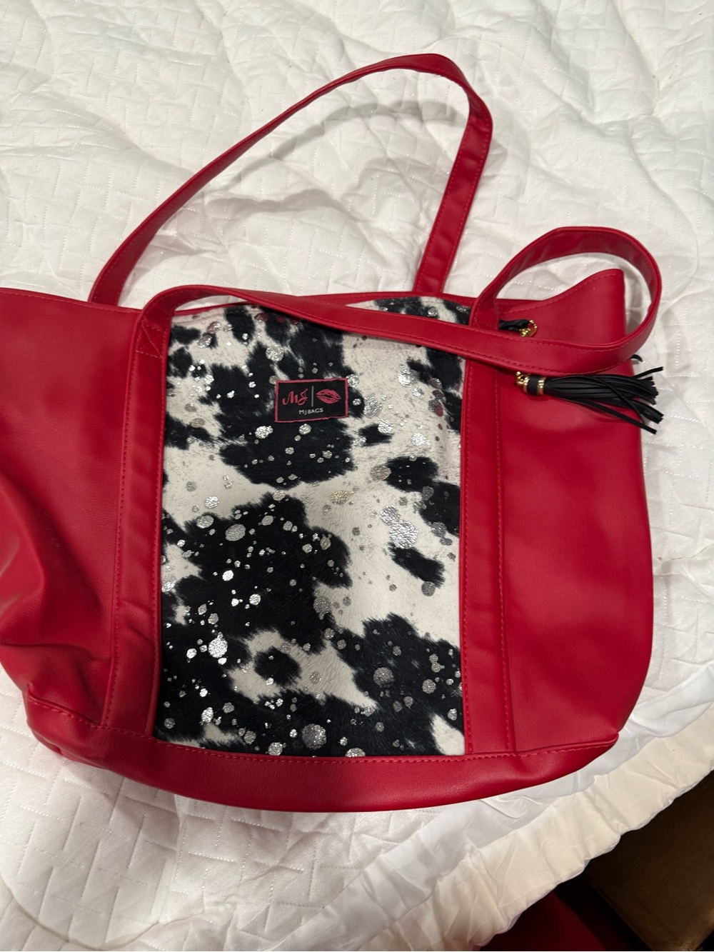 Make up Junkie Red Tote Bag with Black & White Haircalf Panel